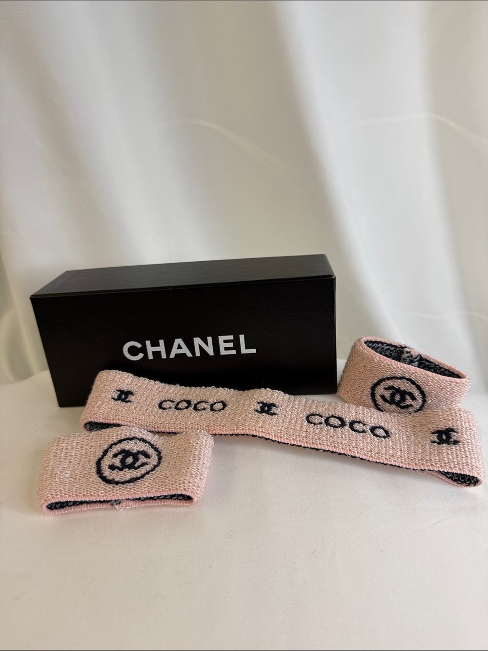 CHANEL Pink Coco Logo Knit Headband & Wristbands Set